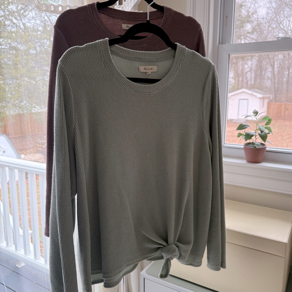 BUNDLE - 2 Madewell Elwood Knot Front Long Sleeve Tops - 1X - Sage Green / Mauve
